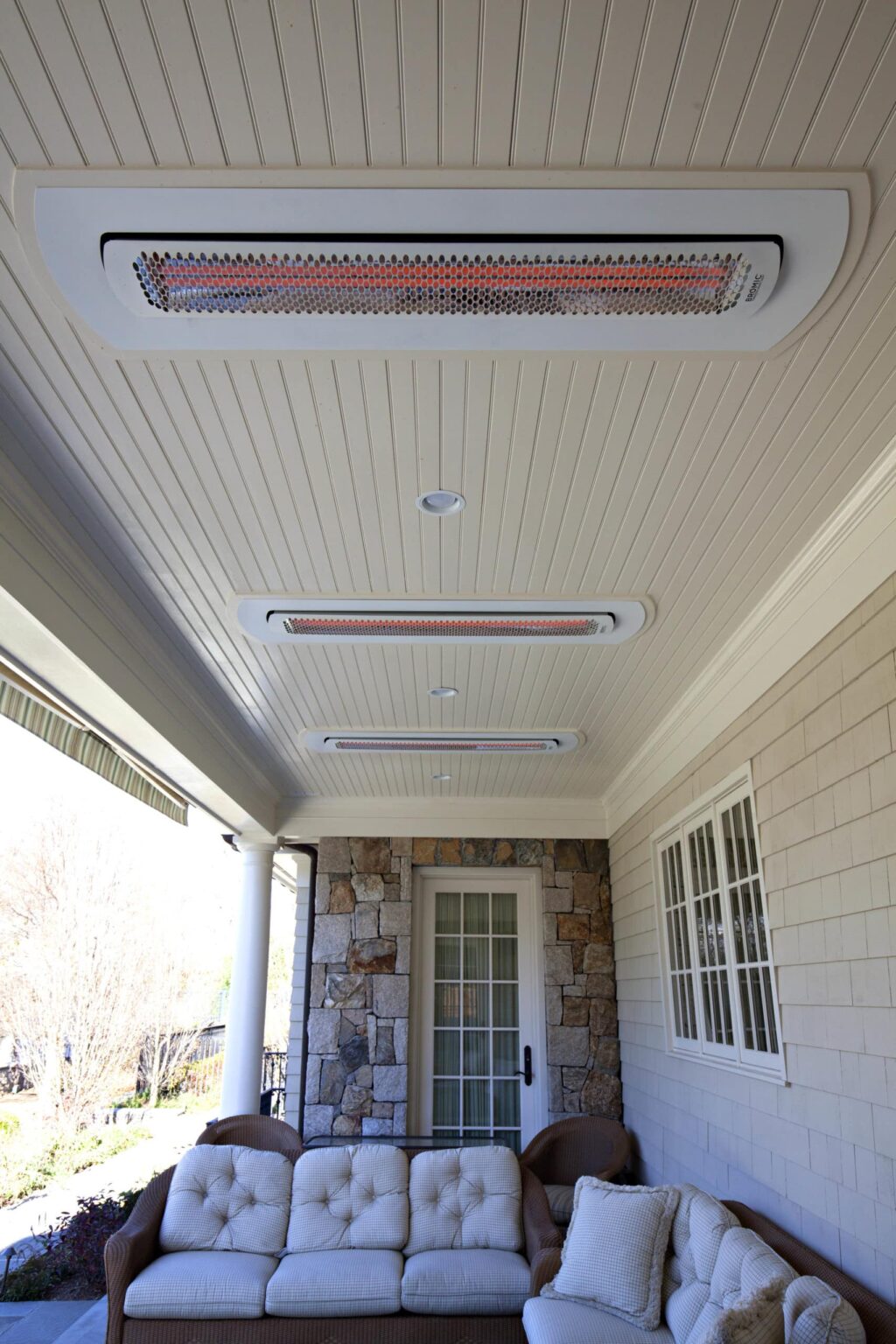 Overhead Electric Heater - Tungsten Electric in White Recessed into Ceiling on Porch